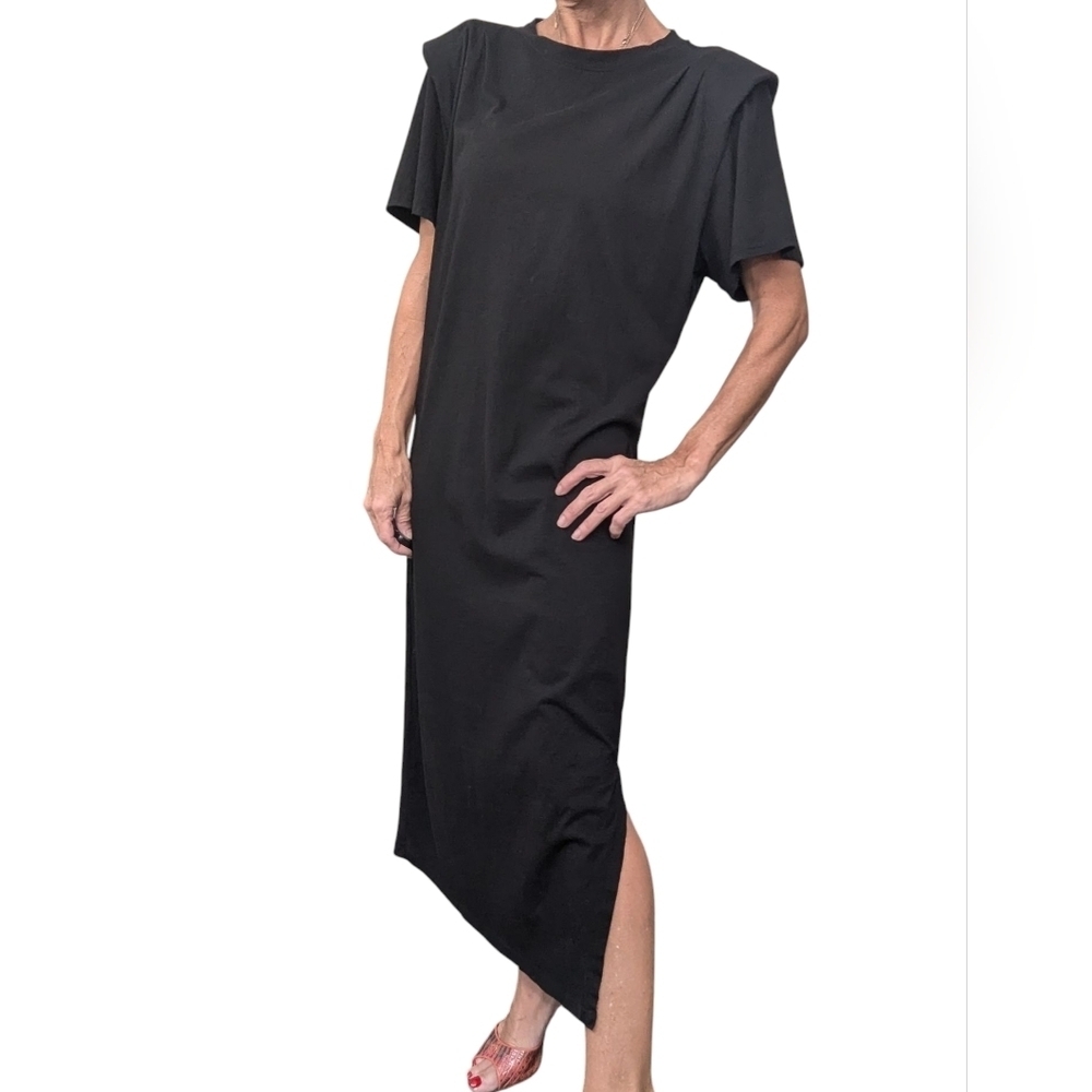 FRAME Black Cotton Padded Shoulder Asymmetric Midi Dress M